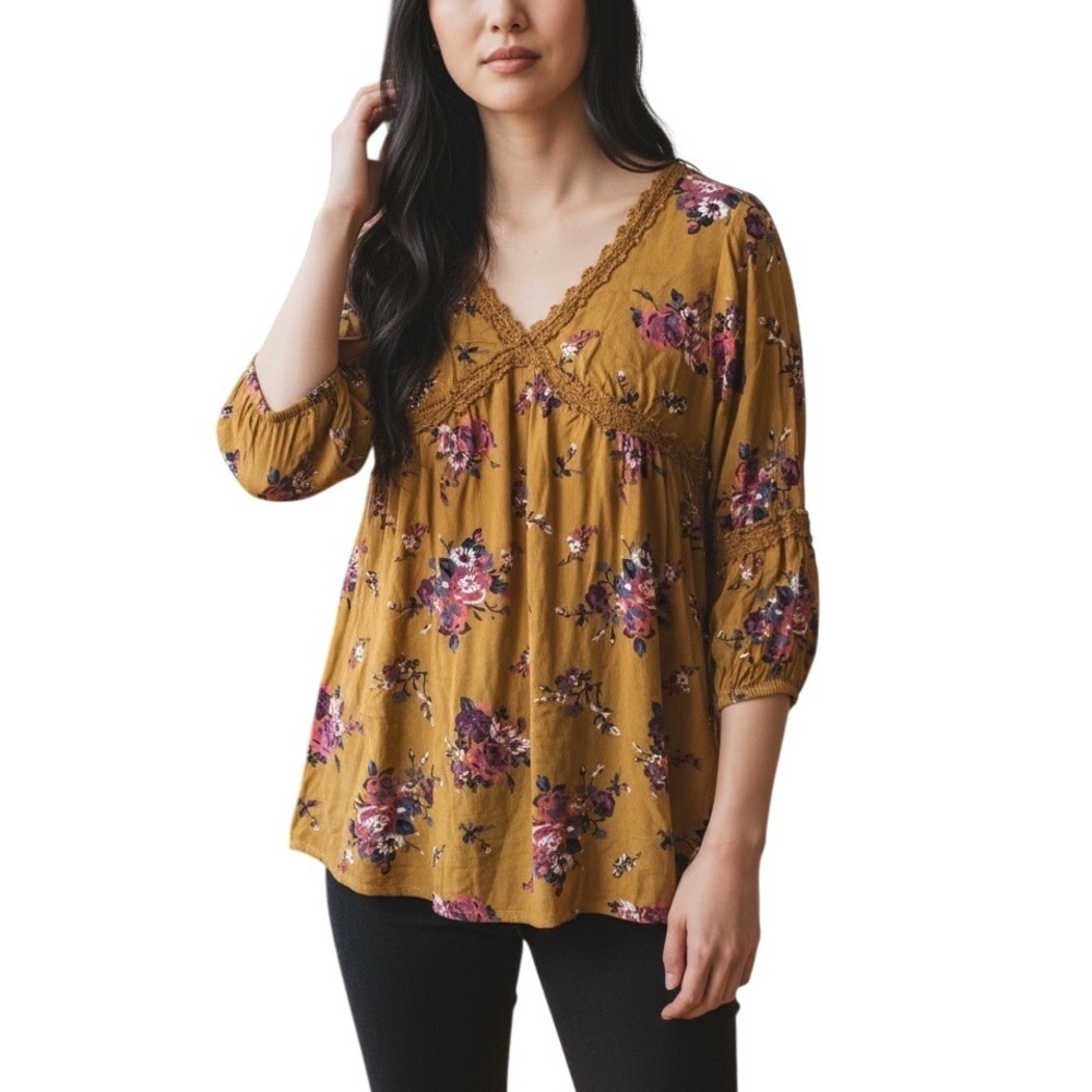 Kori America Mustard Floral Embroidered V Neck 3/4 Sleeve Babydoll Tunic Top S